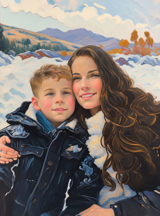 Smiling woman and boy in winter scene with snowy hills