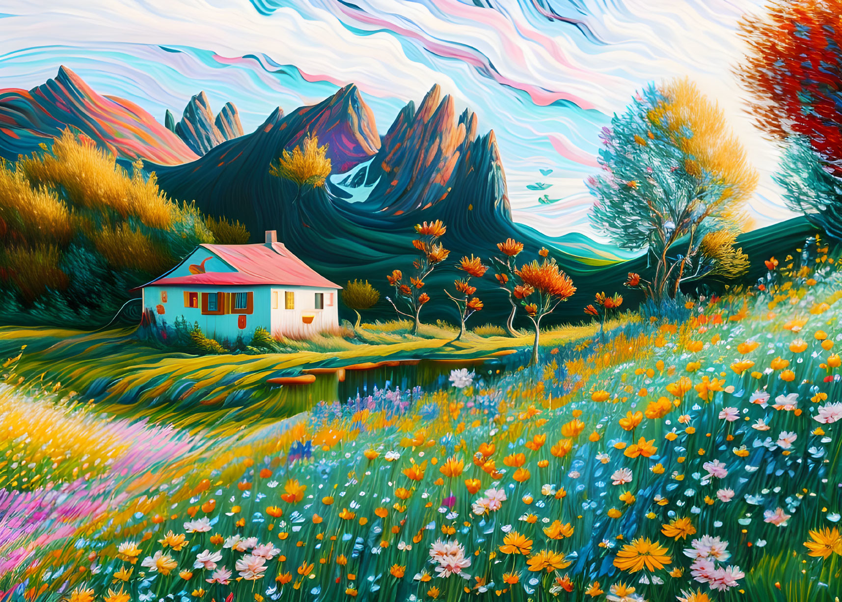 Colorful painting of cottage surrounded by blossoms and whimsical hills.