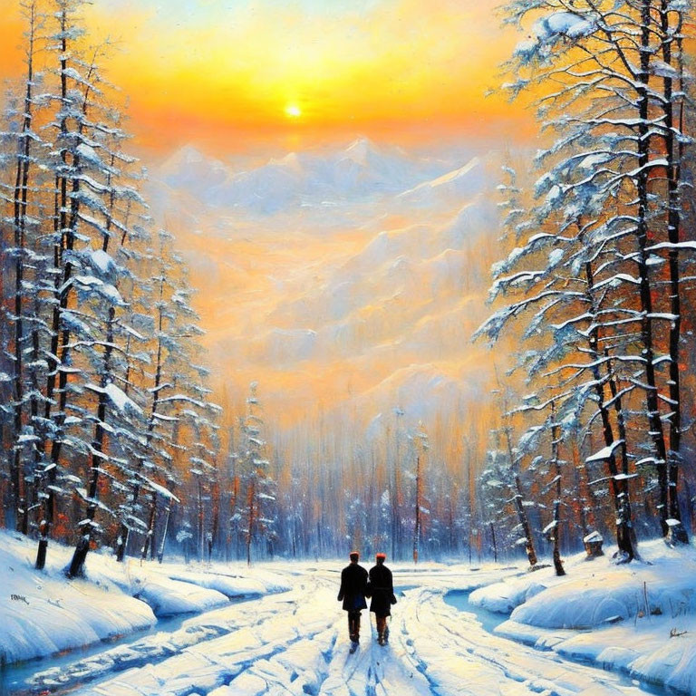 Couple walking on snow path at sunset with pine trees and mountains