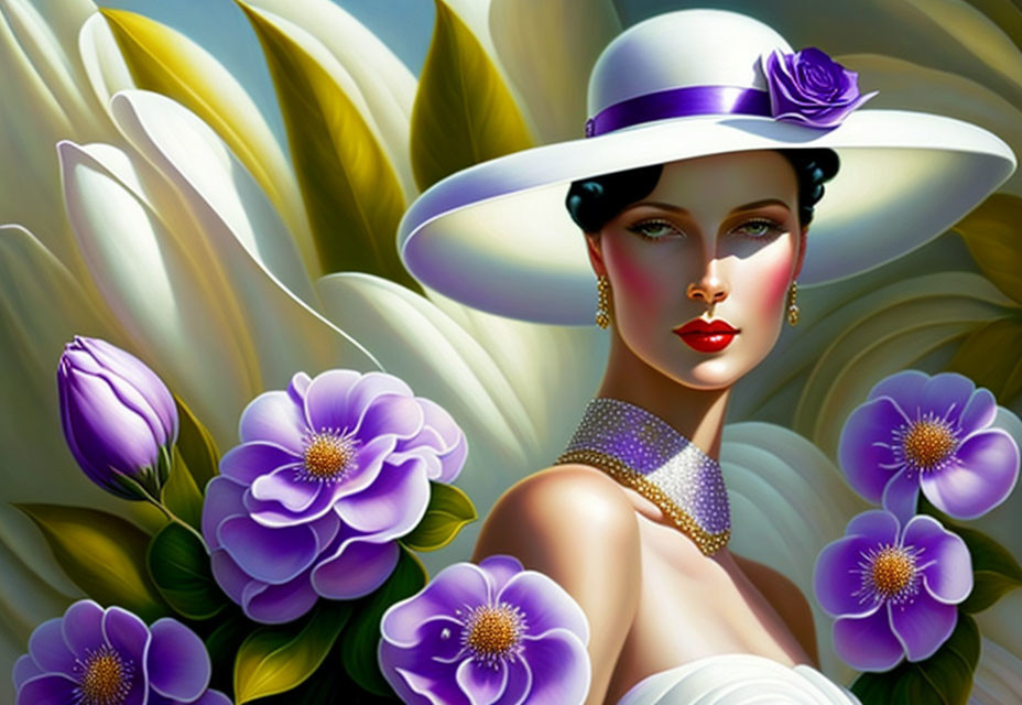 Illustrated Woman in White Hat with Purple Flower Surrounded by Blooms