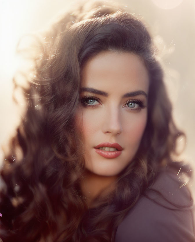 Curly Haired Woman Backlit by Sunlight: Striking Features and Soft Gaze