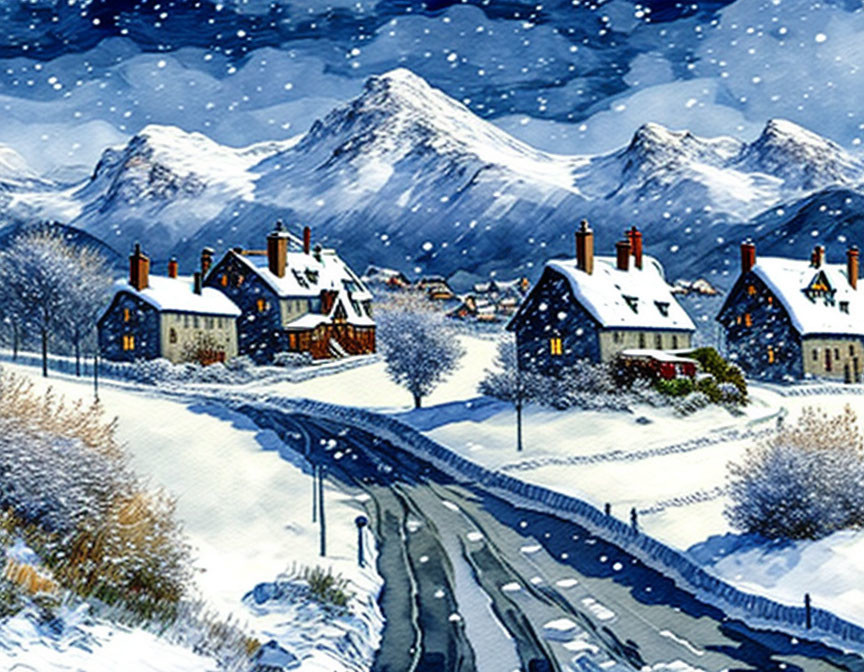 Snow-covered houses and mountains under starry sky in winter scene.