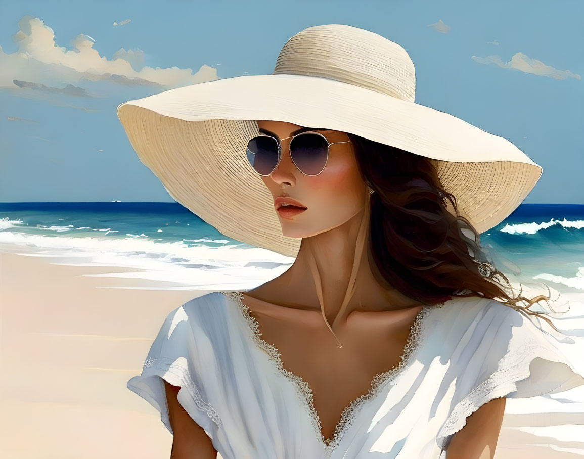 Woman in Wide-Brimmed Hat and Sunglasses on Beach with Waves