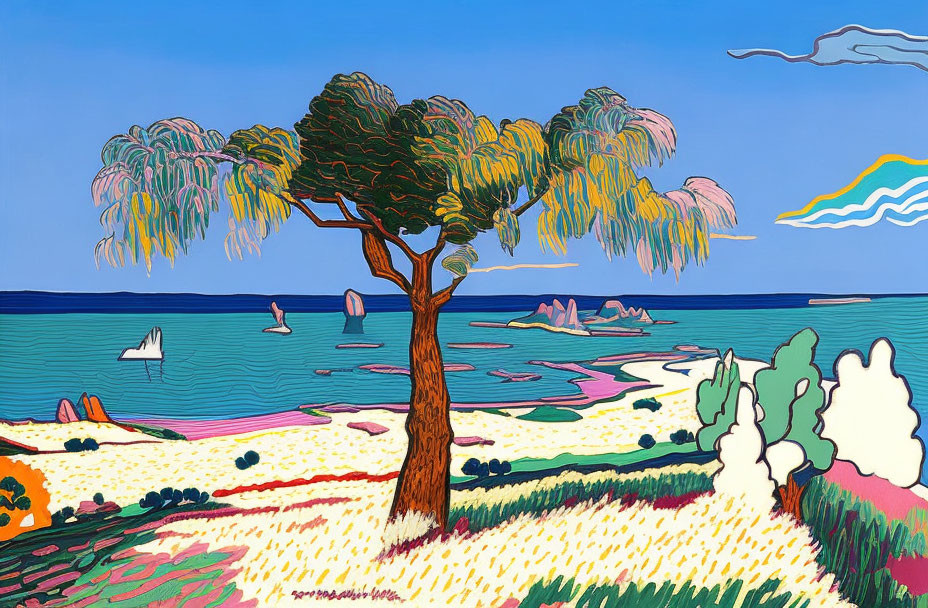 Colorful Stylized Landscape with Tree, Beach, Sea, and Sailboats