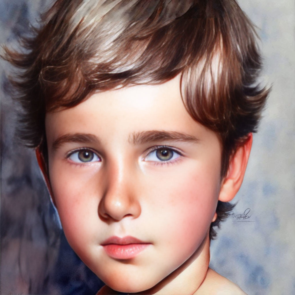 Young child with wavy brown hair and blue eyes in portrait with blurred background