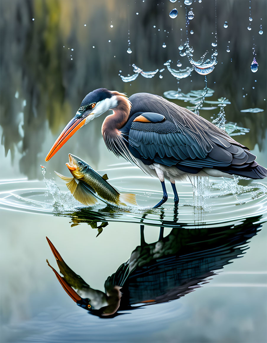 Great Blue Heron with Fish in Beak Standing in Water