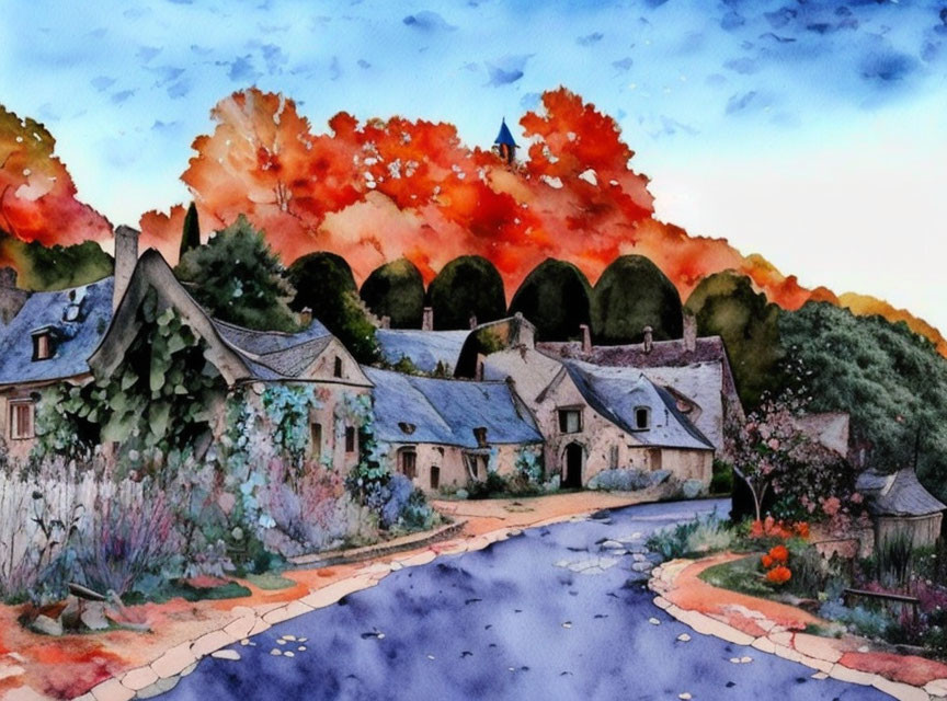 Autumn village scene with cottages and colorful trees in watercolor