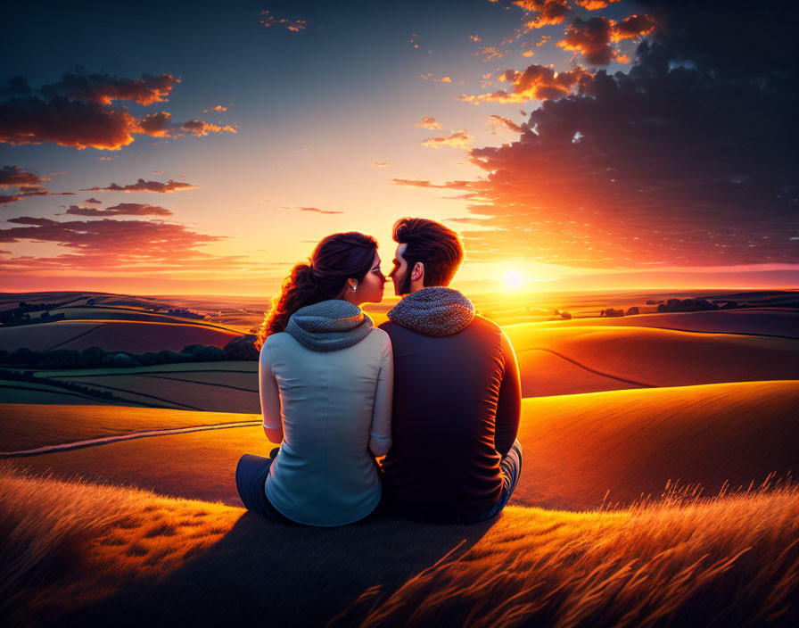 Couple enjoying vibrant sunset on hilltop