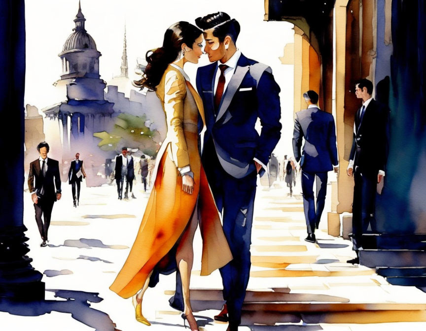 Elegantly dressed couple kissing in city street scene