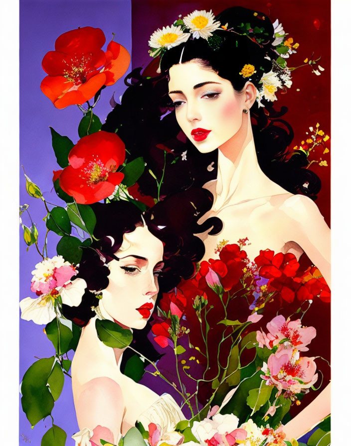 Stylized women with floral hair against split background