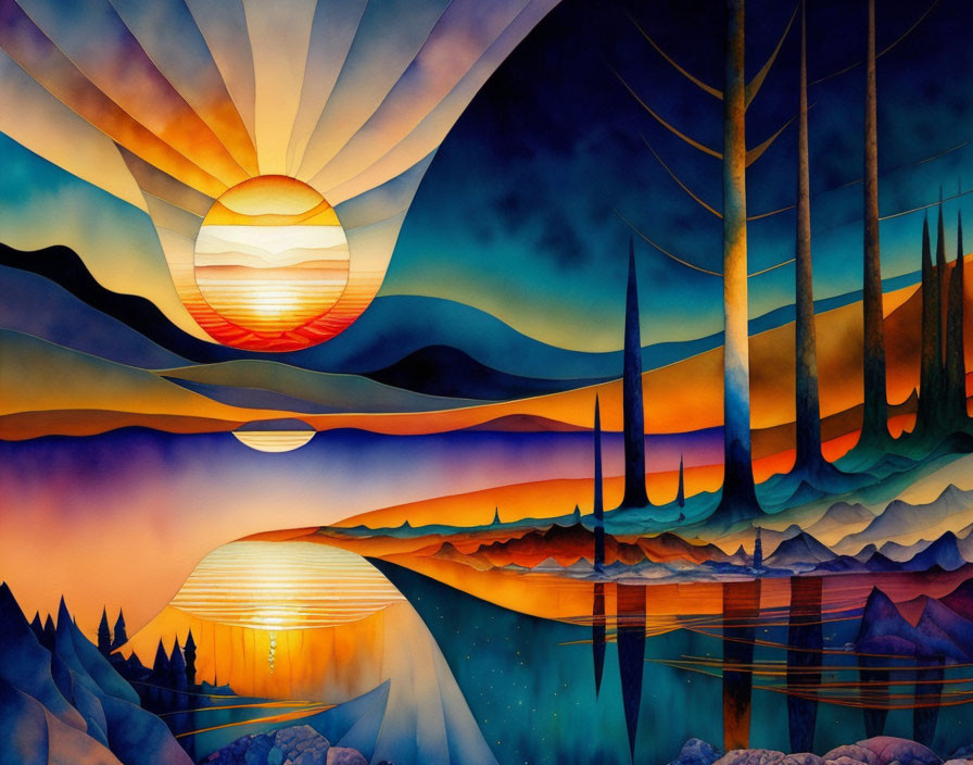 Scenic sunset illustration over lake with mountains and trees