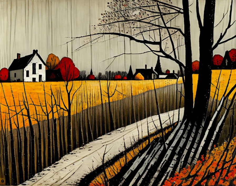 Stylized painting of rural autumn landscape with white house, barren trees, red foliage, and golden