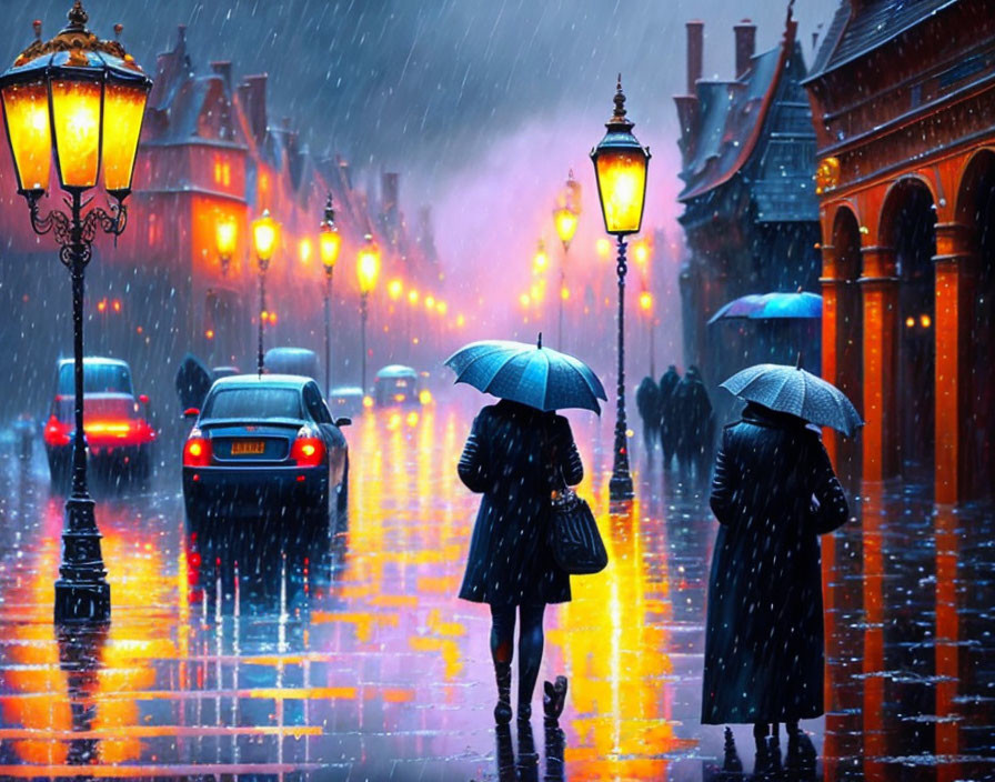 Three individuals with umbrellas walking on wet street at dusk, illuminated by street lamps and cars, creating