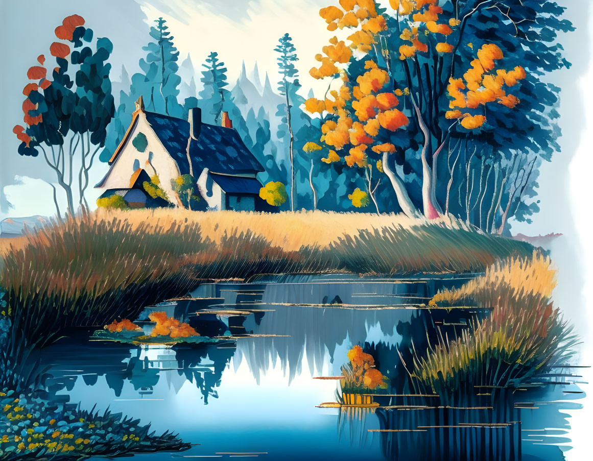 Tranquil autumn lake scene with house and colorful trees