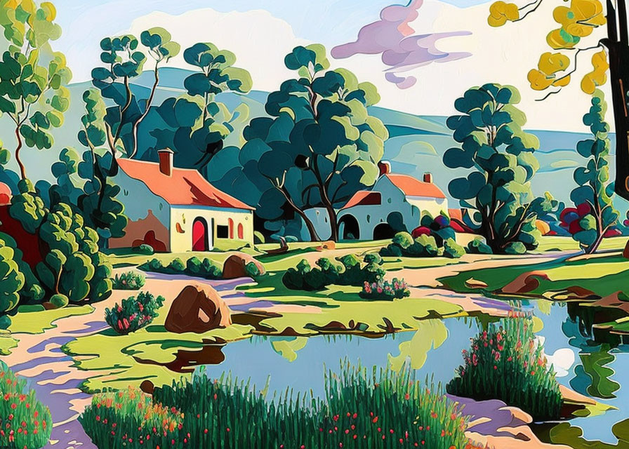 Colorful rural landscape illustration with houses, trees, pond, and greenery