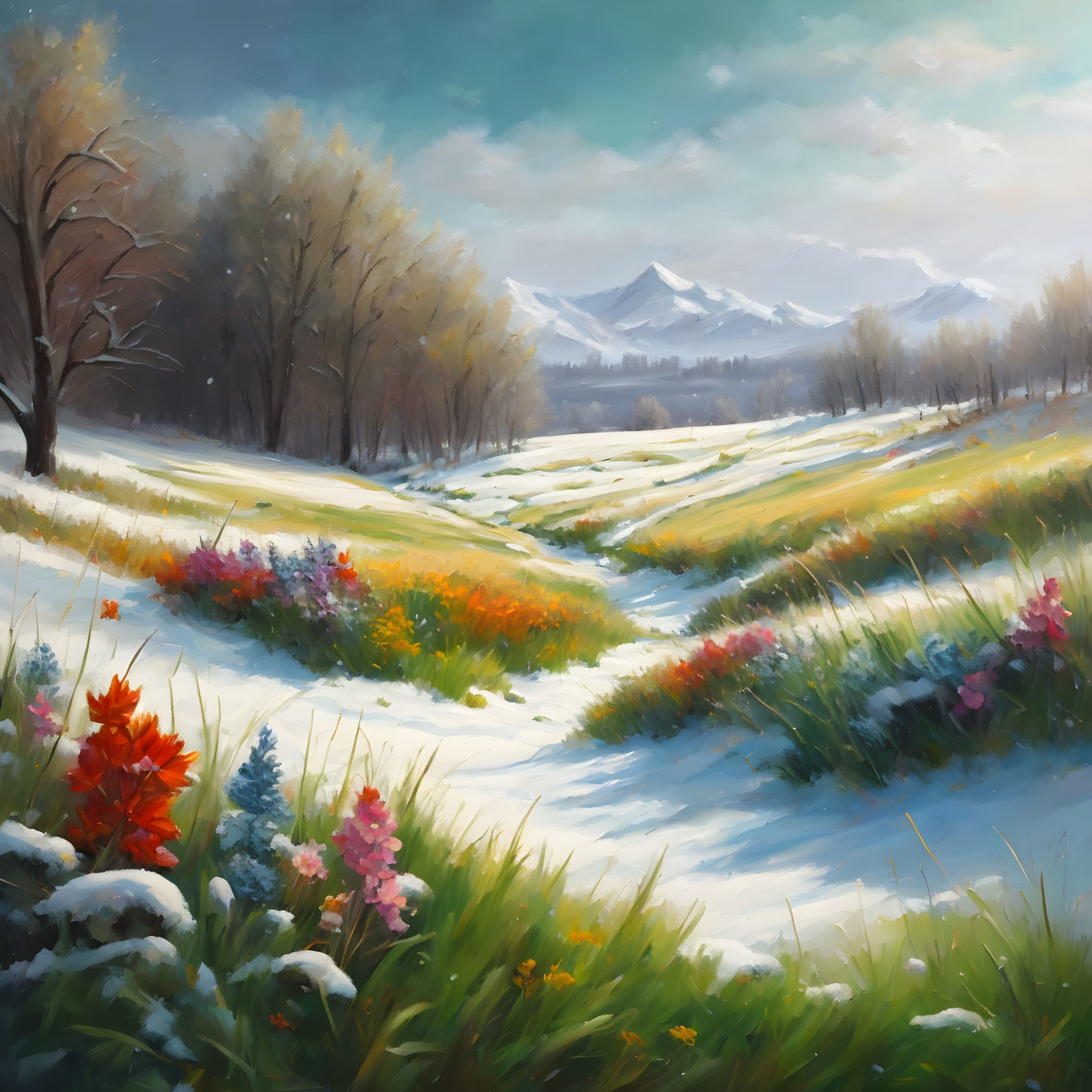 Snowy Landscape Painting with Pathway, Flowers, Trees, and Mountains