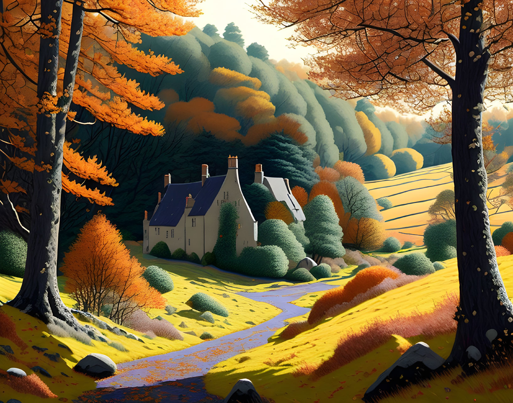 White Cottage Surrounded by Vibrant Autumn Trees and Rolling Hills