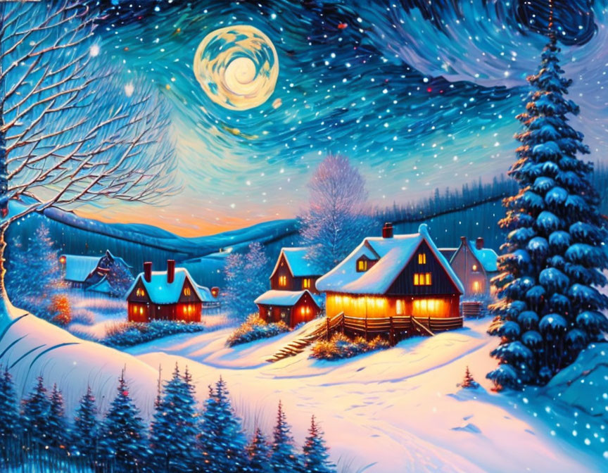 Snow-covered houses and glowing lights in vibrant winter night scene