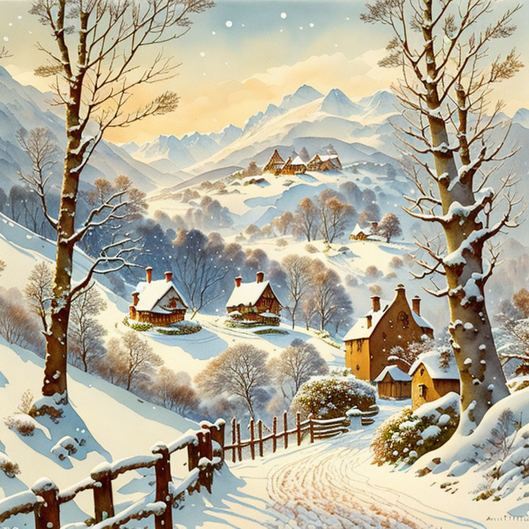 Snow-covered cottages and mountains in serene winter landscape