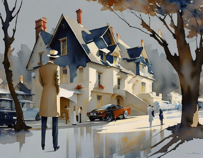 Stylized painting of man in trench coat observing classic car by quaint house