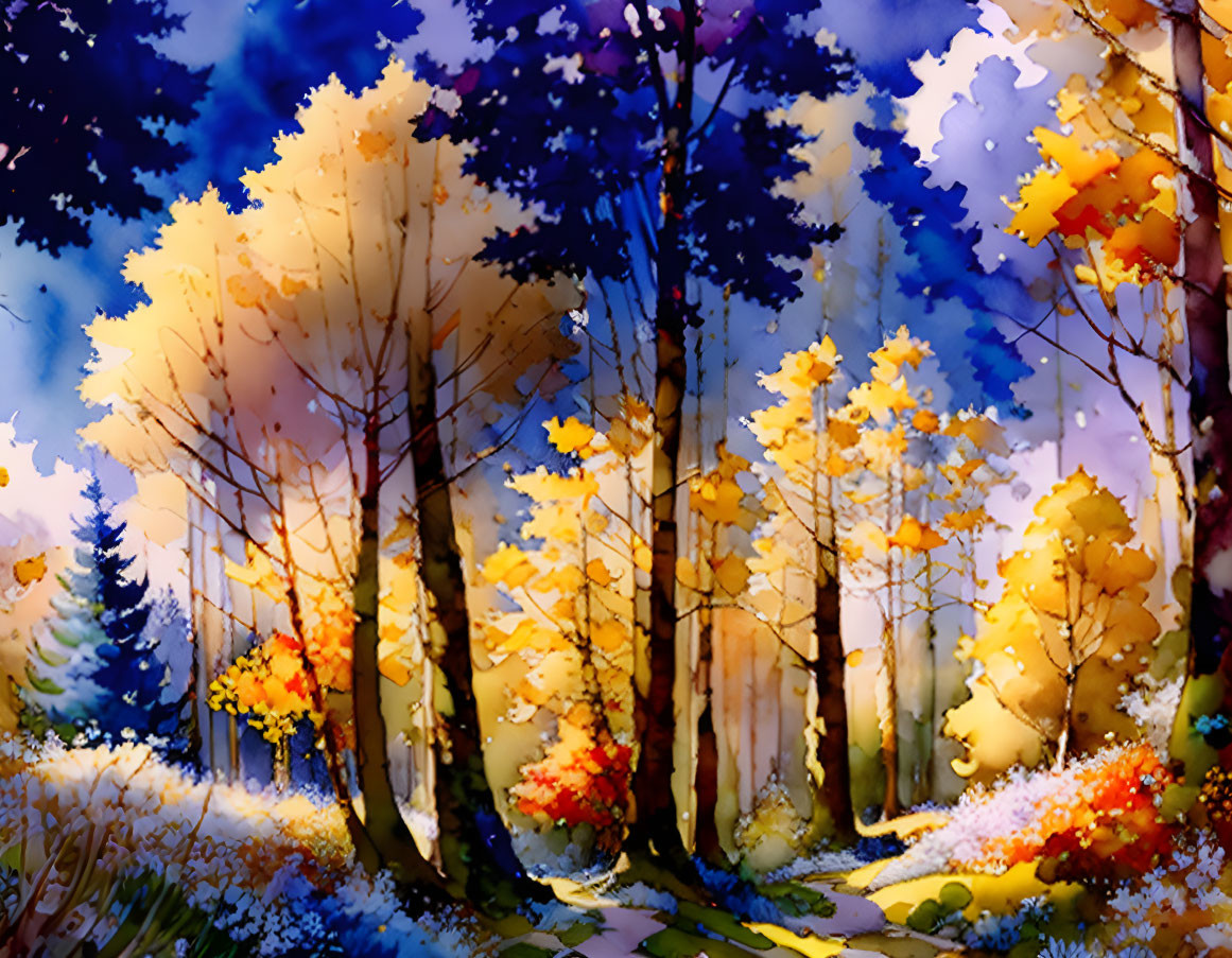 Autumn forest watercolor painting with golden trees and fallen leaves