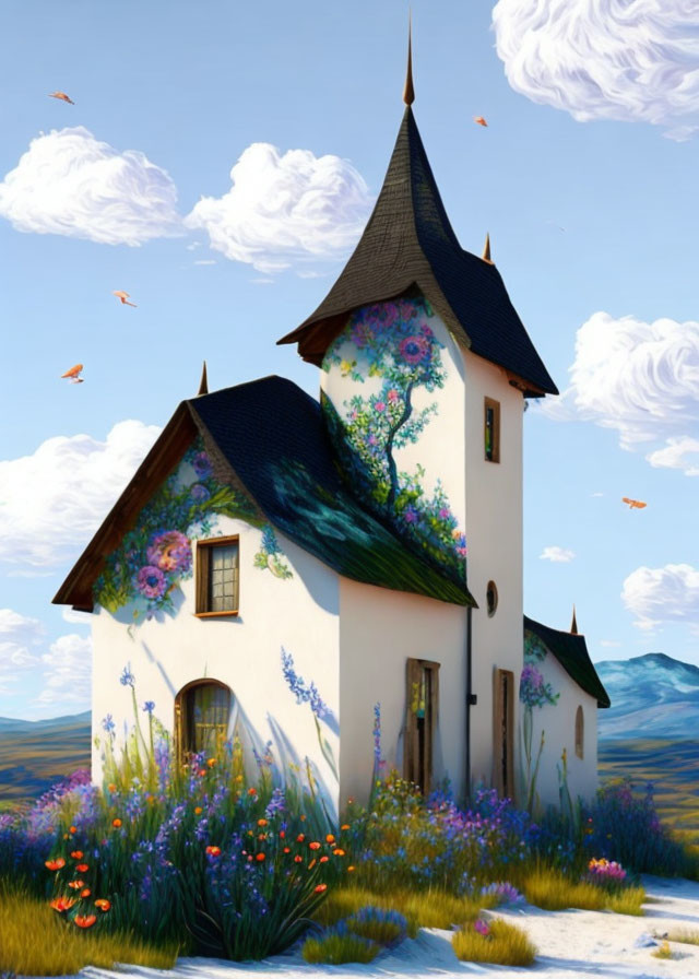 Pointed roof cottage in vibrant wildflower field under blue sky