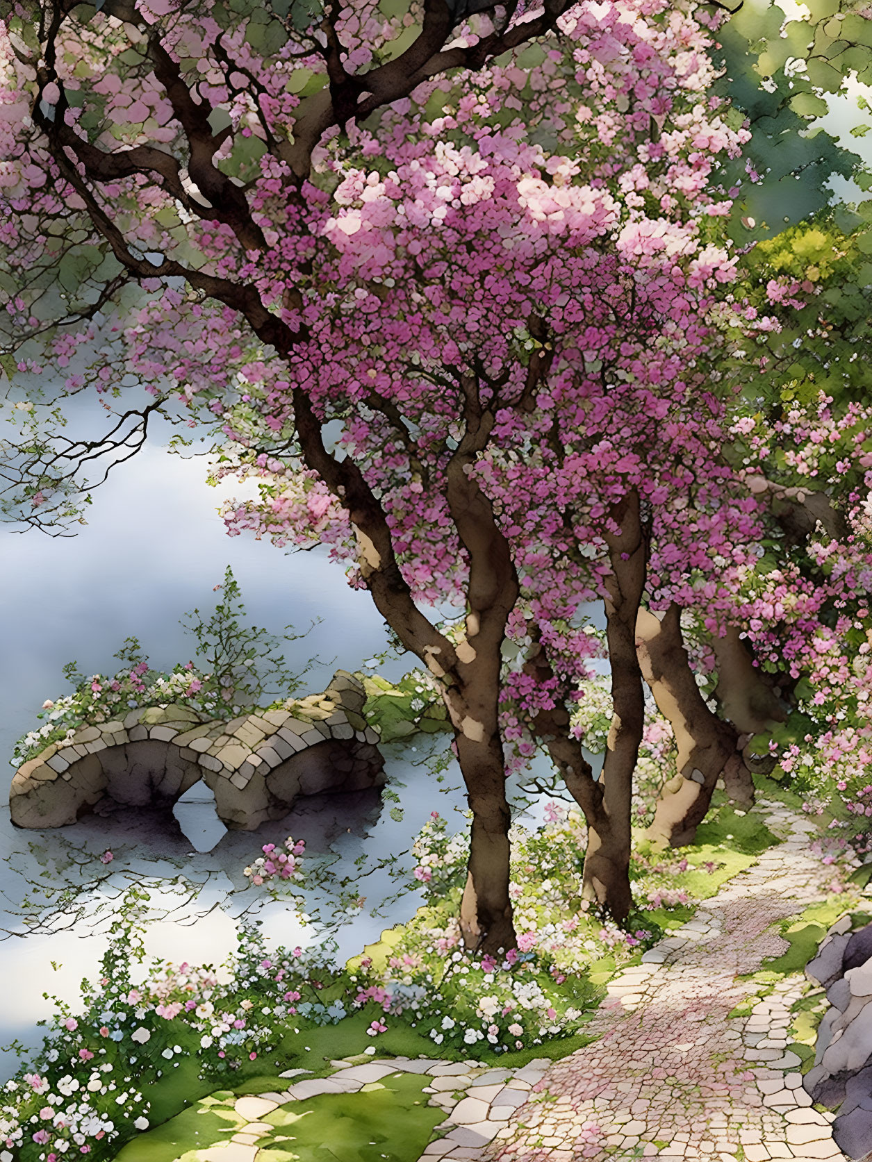 Pink Blossoming Trees Along Cobblestone Path with Stone Bridge and Tranquil River