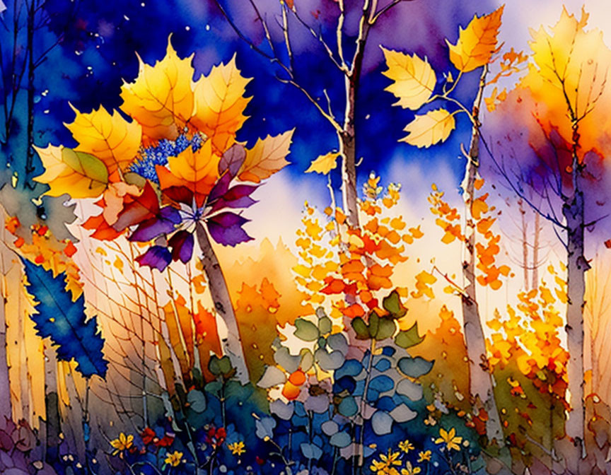 Vibrant Autumn Forest Watercolor with Colorful Leaves