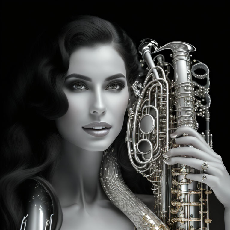 Photorealistic digital artwork of woman with dark hair holding saxophone