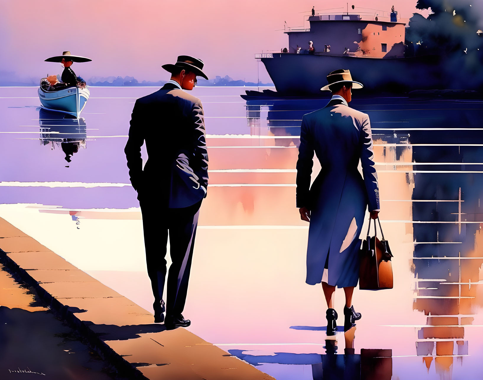 Silhouetted figures in formal attire by waterfront with boats and ship.