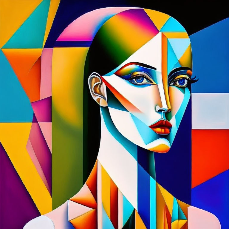 Colorful Abstract Portrait of Stylized Woman with Geometric Shapes