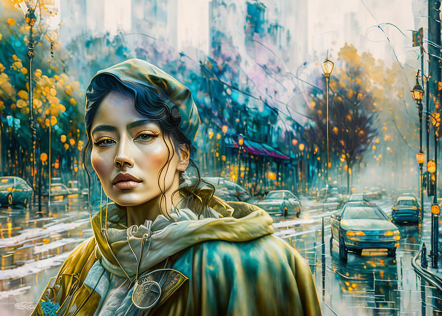 Vibrant cityscape art: Woman in green hood with rainy backdrop