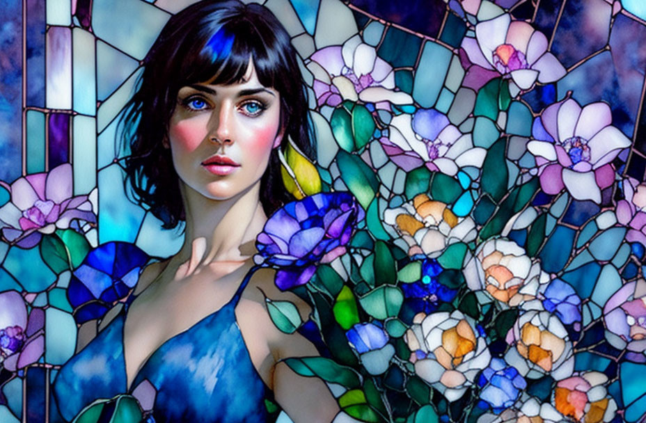 Woman with blue eyes and dark hair on vibrant stained-glass backdrop with colorful flowers