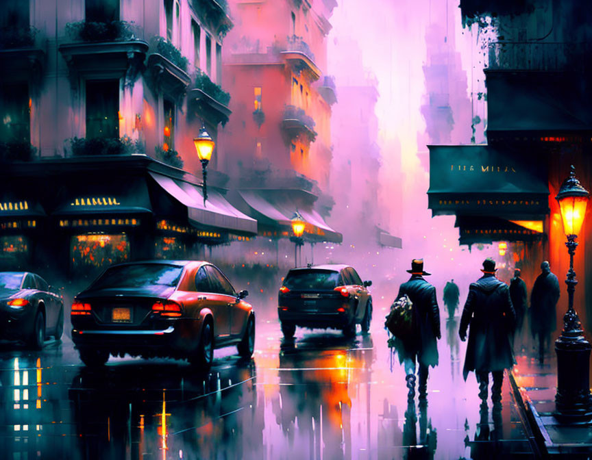 Vibrant cinematic street scene with silhouetted figures and ambient light