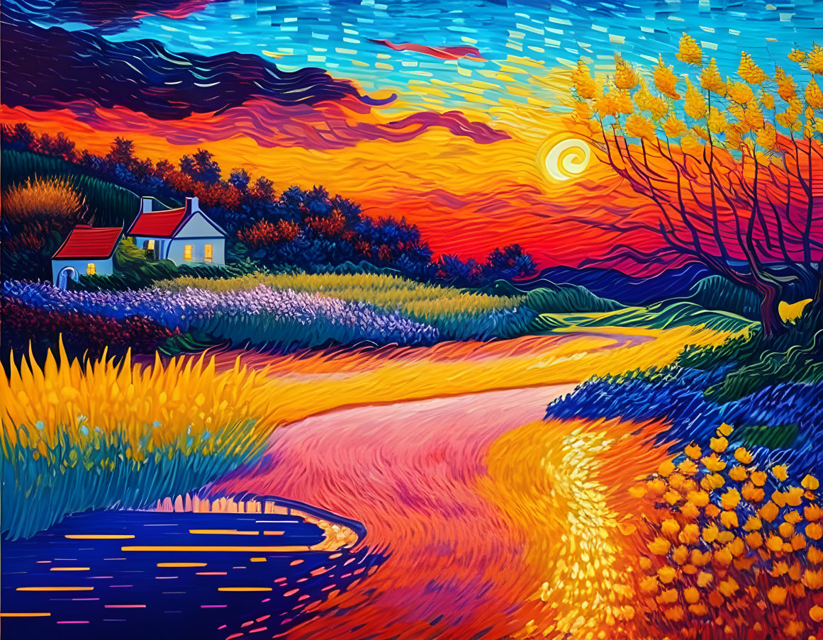 Colorful countryside sunset painting with swirling clouds and small house