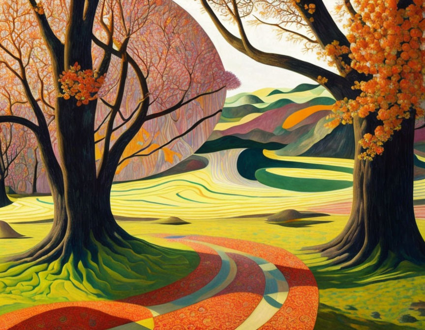 Colorful Whimsical Landscape with Swirling Patterns & Orange Trees