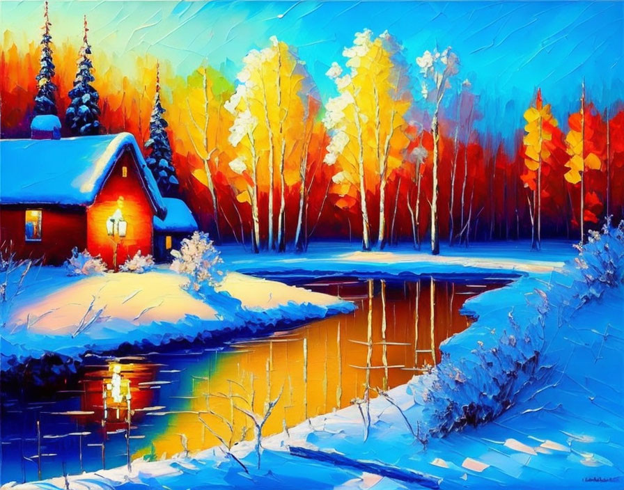 Snow-covered landscape with red house by blue river and autumn trees.