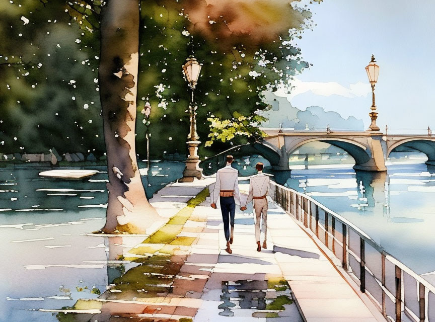 Couple walking by riverbank under street lamps