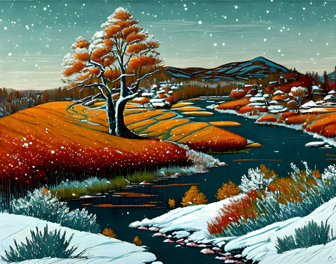 Tranquil winter landscape with river, snow, and orange-leafed tree