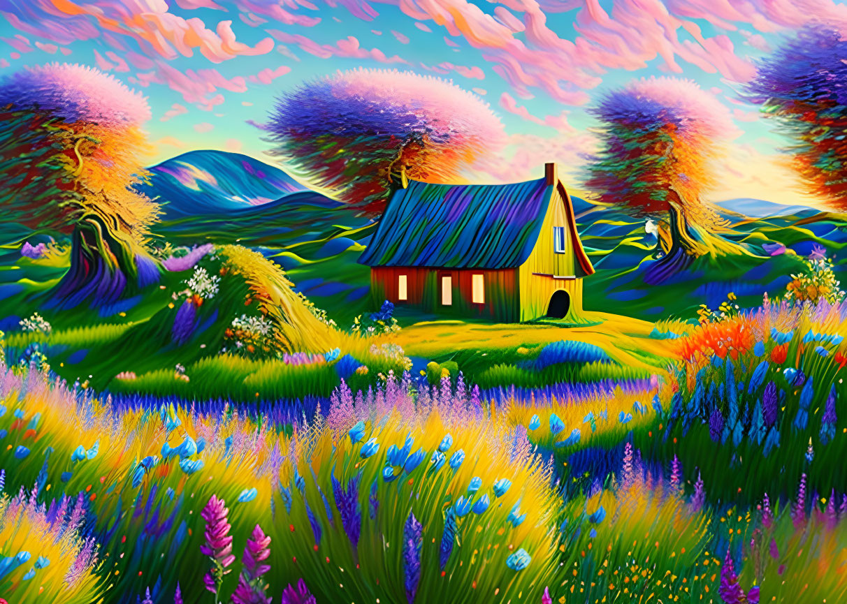 Colorful Landscape with Quaint House and Wildflowers