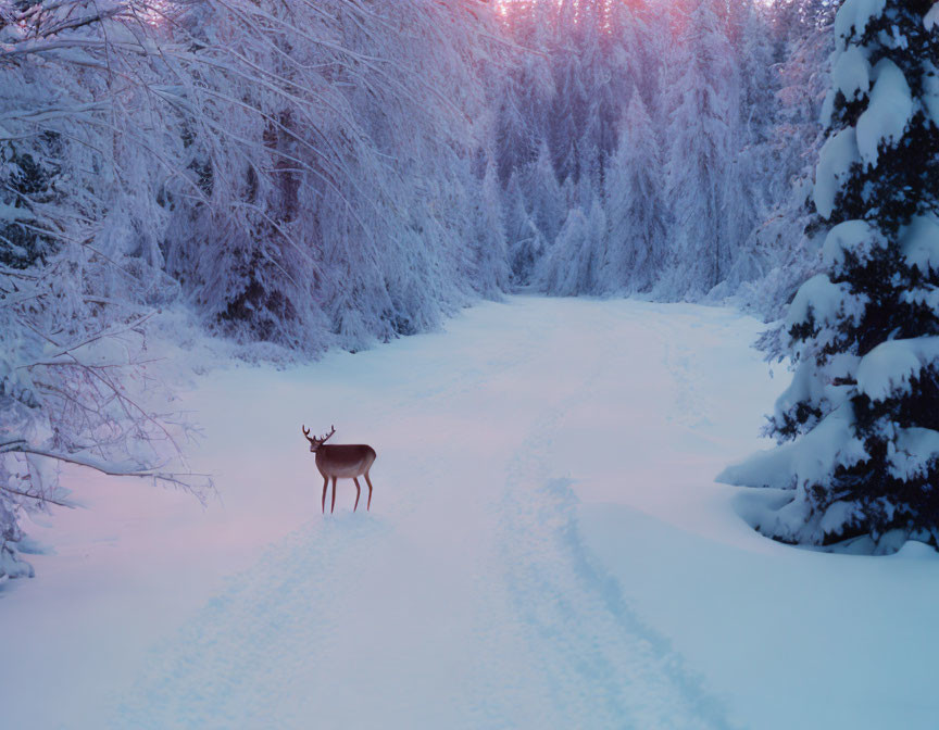 Solitary deer in serene snow-covered forest at twilight