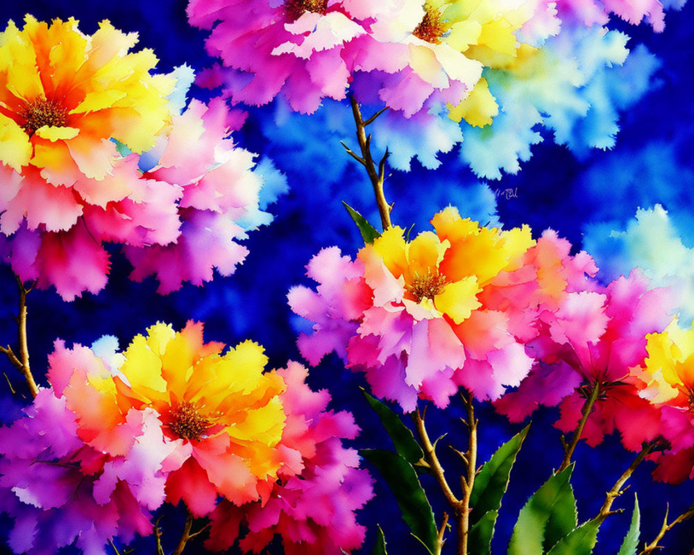 Colorful Watercolor Painting of Multicolored Flowers on Blue Background