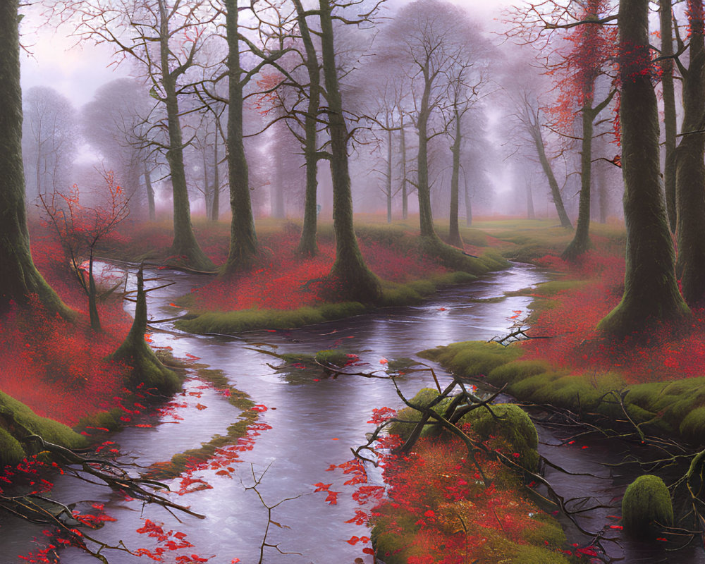 Tranquil forest stream with red foliage and misty background