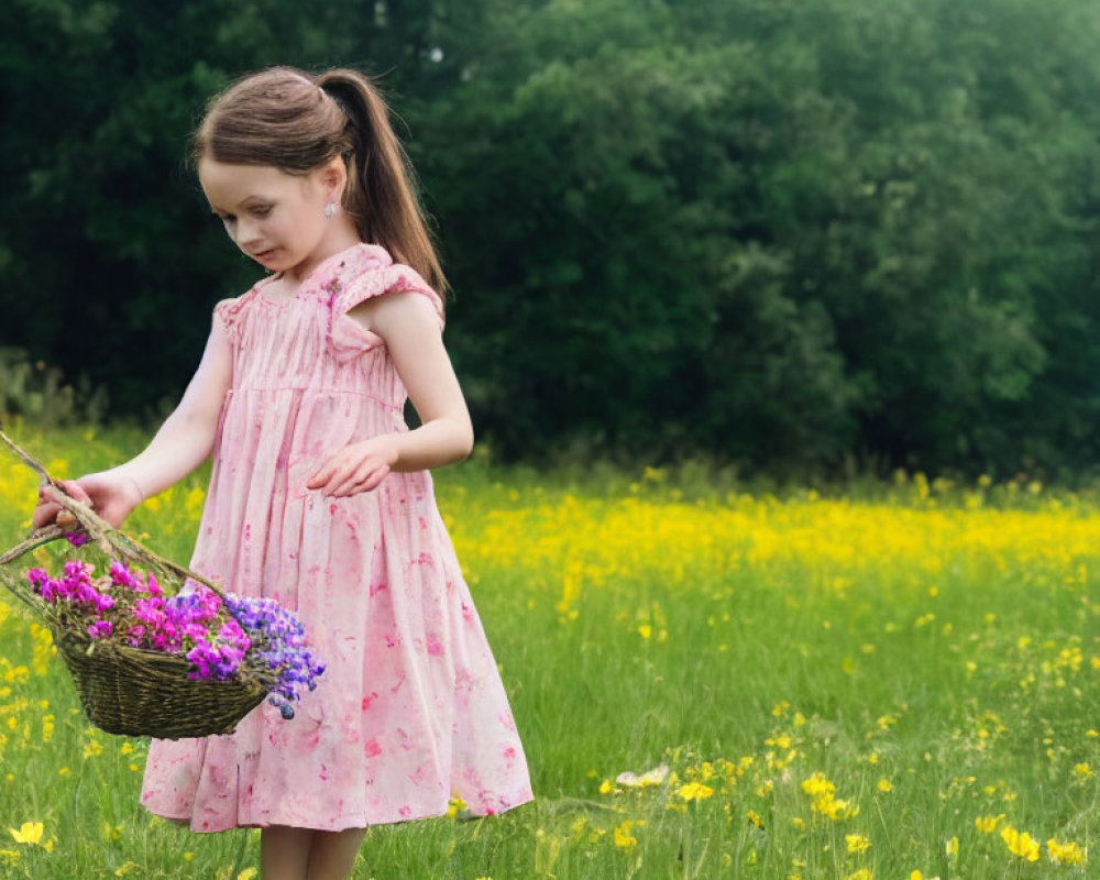 Young girl in pink dress with flower basket in sunny meadow.