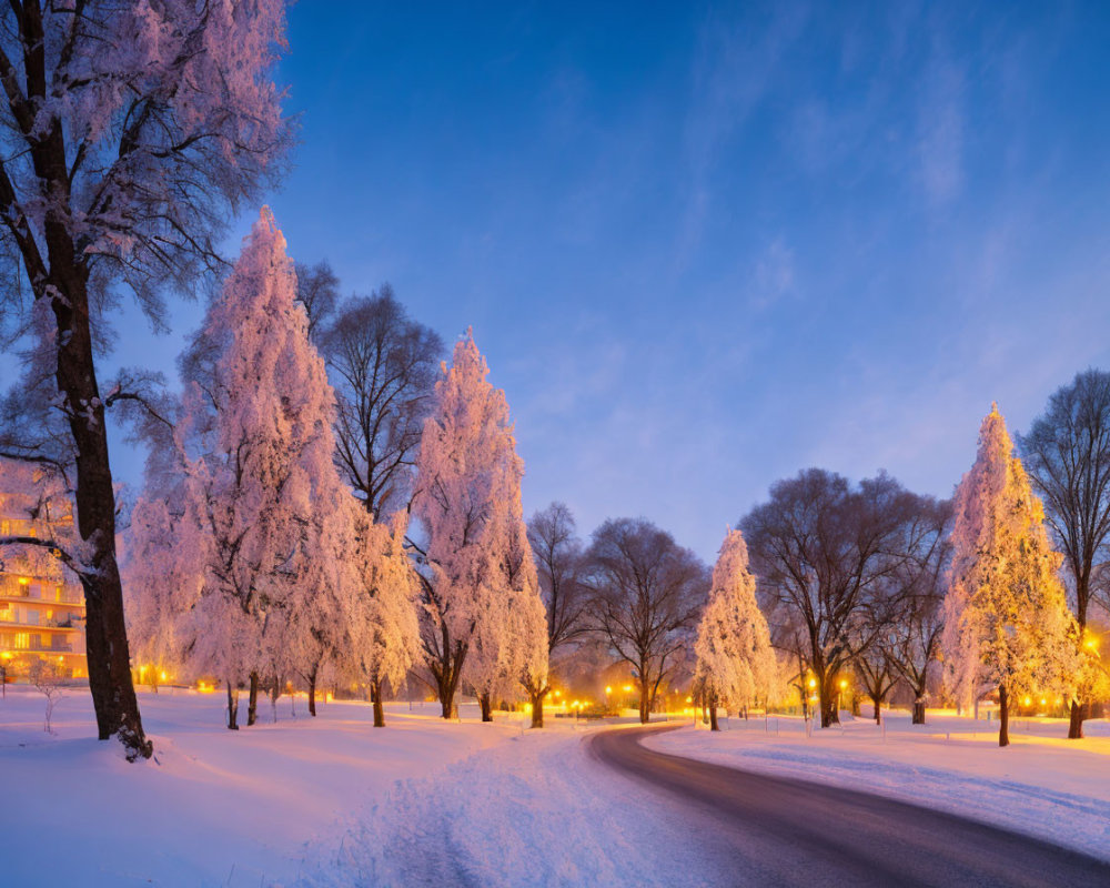 Snow-covered trees and curved road in serene winter scene with warm street lights.