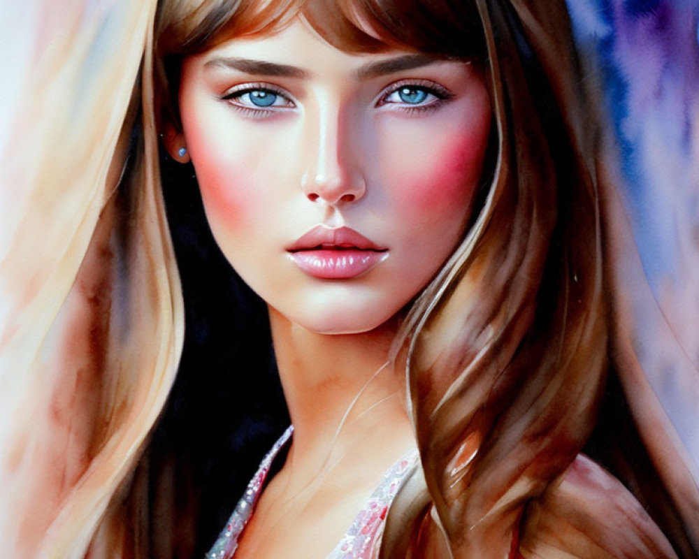 Young woman with blue eyes and long brown hair in digital portrait