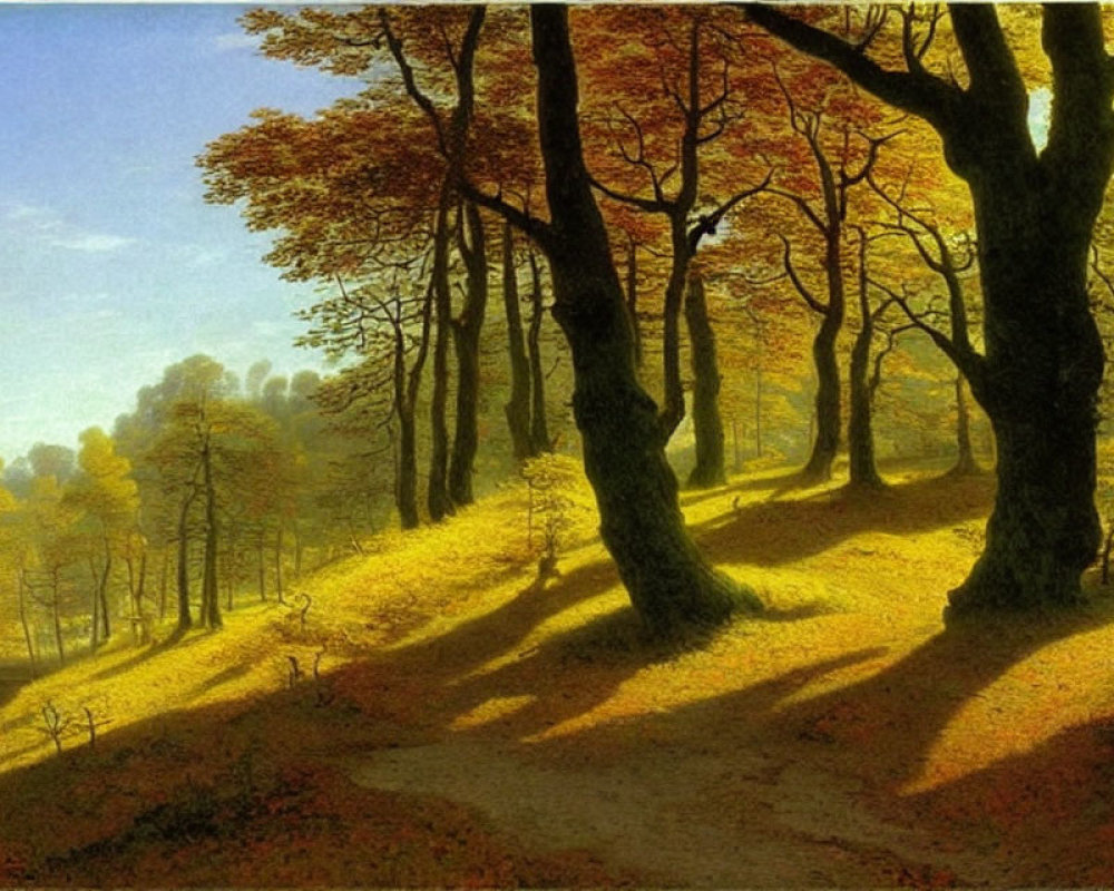 Tranquil Autumn Forest with Golden Leaves and Sunlight