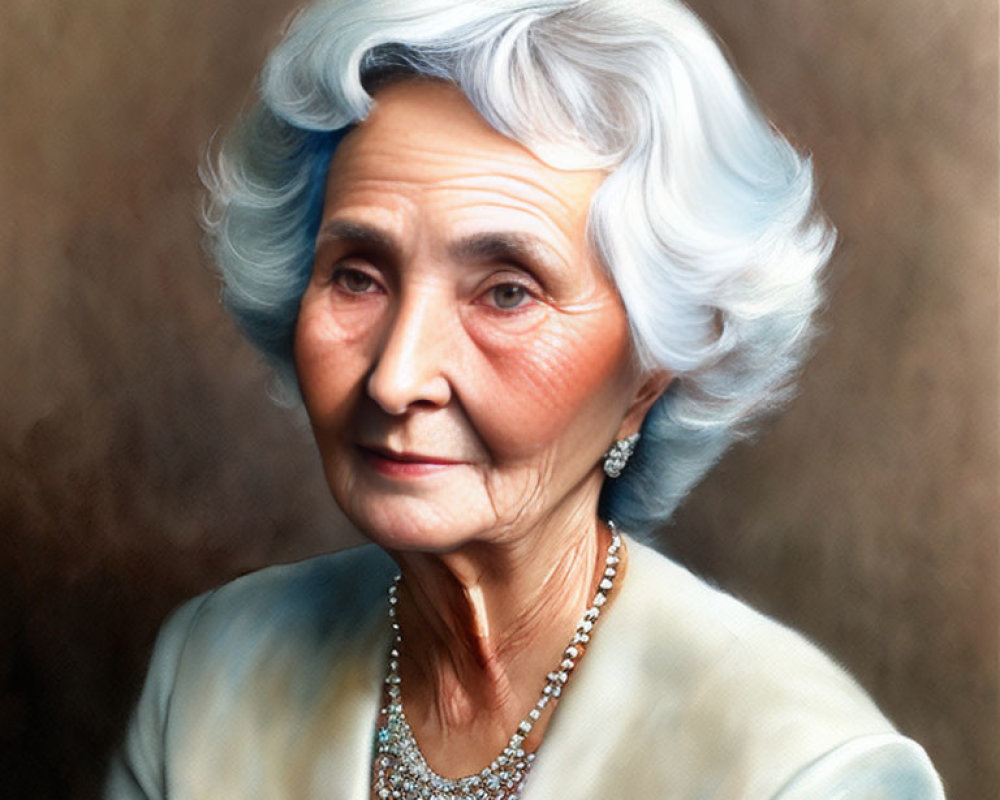 Elderly Woman with White Hair, Pearl Necklace, Blue Blouse on Brown Background