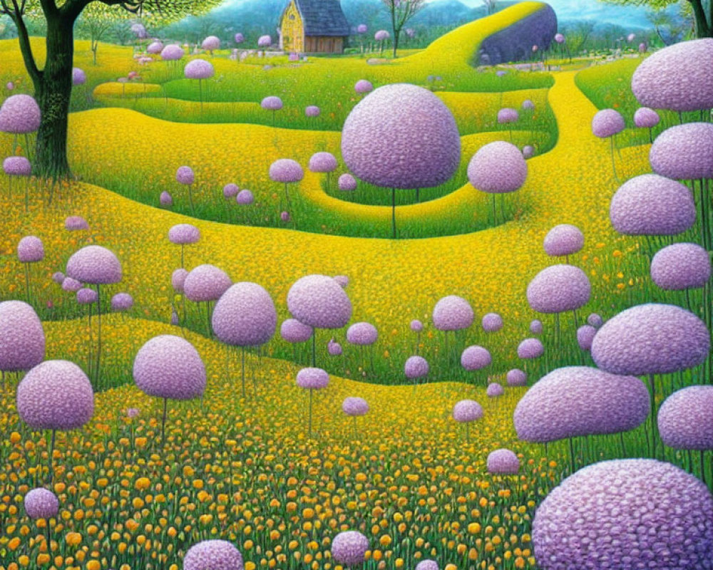 Colorful painting of whimsical landscape with purple trees, yellow flowers, and small cottage.