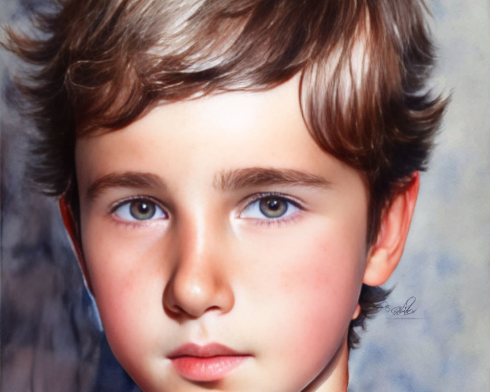 Young child with wavy brown hair and blue eyes in portrait with blurred background